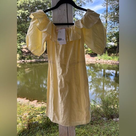 H&M Yellow Linen‎ Blend Off Shoulder Summer Sundress Mini Dress XS NWT - Picture 3 of 8